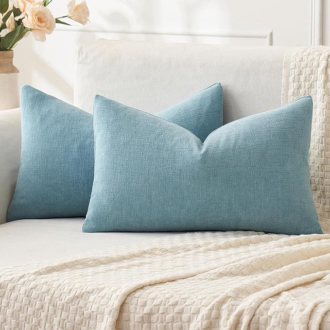 MIULEE Smoke Blue Chenille Couch Lumbar Throw Pillow Covers, 12x20 | Set of 2, Soft Coastal Home Decor, Modern Farmhouse Decorative Pillowcases for Sofa Living Room Bed