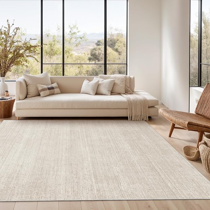 6x9 Area Rugs Non Slip, Large Washable Rugs for Living Room, Beige | Soft Low Pile, Thin & Lighweight Carpet, Folable Stain Resistant Modern Indoor Floor Mat for Bedroom, Dining Room, Home Decor