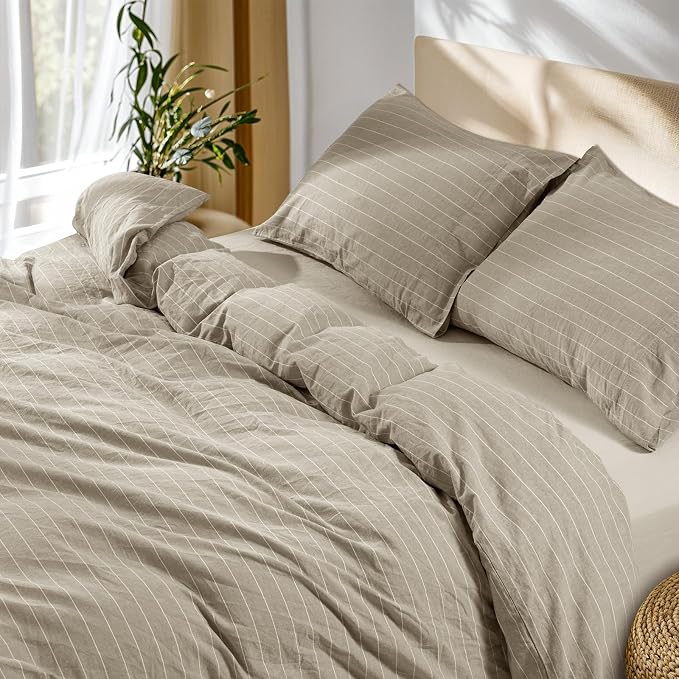 SONORO KATE 100% French Linen Queen Duvet Cover Set,Zipper Closure,3PC | Natural French Flax,Soft Breathable for Hot Sleepers,Moisture Wicking & Durable,4 Corner Ties,Linen & White Stripes