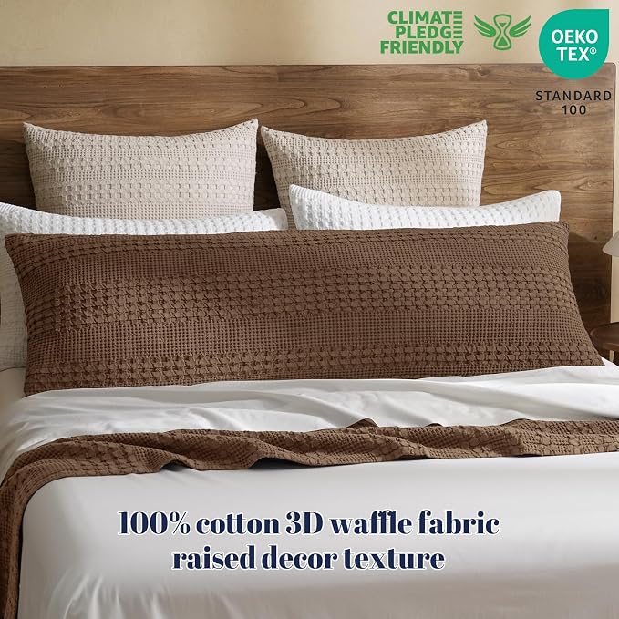 PHF 100% Cotton Waffle Body Pillowcase with Zipper, 1 Pack 20" x 54" Soft Skin-Friendly Pillow Sham, No Filling, Aesthetic Woven and Breathable Waffle Weave Body Pillow Cover for Bed, Chocolate