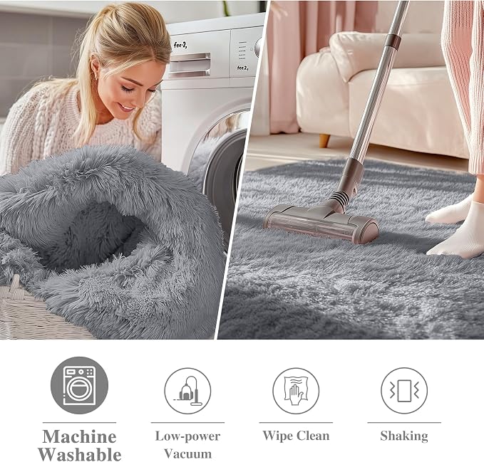 OLANLY Light Grey Round Rugs for Bedroom - Machine Washable, 5 ft Circle Area Rugs for Living Room, Soft and Fluffy Shaggy Carpet for Teen Girls and Boys, Nursery Rooms, Dorms, Home Decor Aesthetic