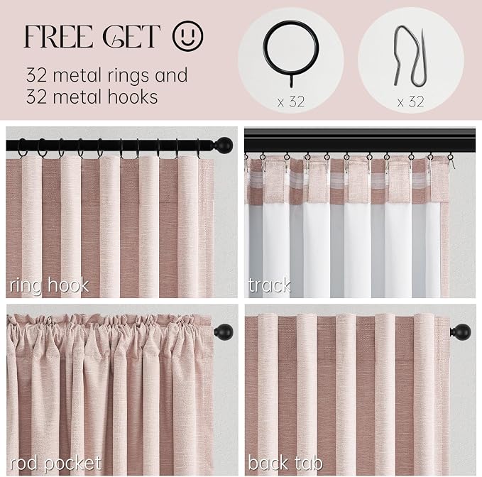 Baby Pink 100% Blackout Linen Curtains 96 Inch Length 2 Panels for Girls Bedroom Nursery Soft Thick Linen Window Curtains 96 Inches Long Thermal Noise Insulated for Living Room Blush Dusty Pink