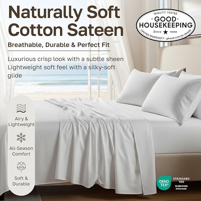 Soft Natural 100% Cotton Sateen Twin Size Sheet Set, 3 Pc Set, Pine Green | Backed by Good Housekeeping Seal, Light & Breathable For Hot Sleepers, All-Around Elastic, Durable, Easy Care