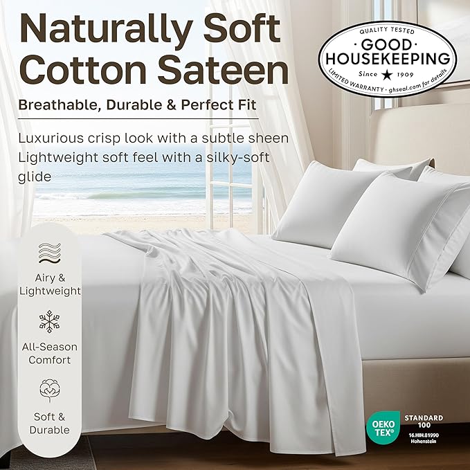 2-Pack Soft Natural 100% Cotton Sateen Full Bed Sheets Sets, Bright White | Backed by Good Housekeeping Seal, Light & Breathable For Hot Sleepers, 14" Deep Pocket, All-Around Elastic, Durable