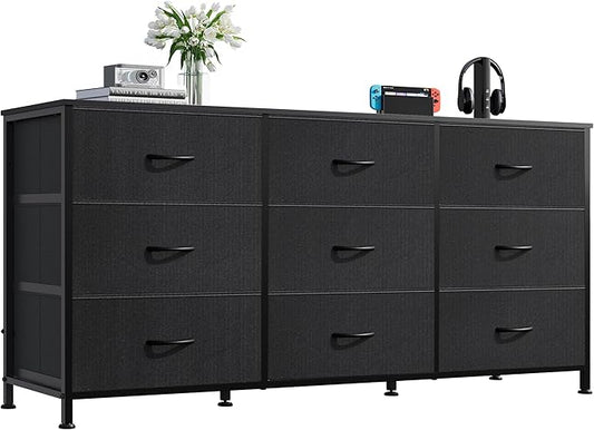WLIVE Dresser TV Stand for 55 Inch TV, 9 Drawer Dresser for Bedroom, Black | Fits TVs up to 55 inch, 9 roomy fabric drawers, Wide wood tabletop, Living room or bedroom, Chest of drawers