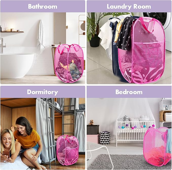 2 Pack Pop Up Laundry Hampers, 70 L Collapsible Foldable Mesh Basket, Pink | Reinforced handles, breathable fabric, foldable, portable for dorm college travel camping cruise, dirty clothes, toys storage