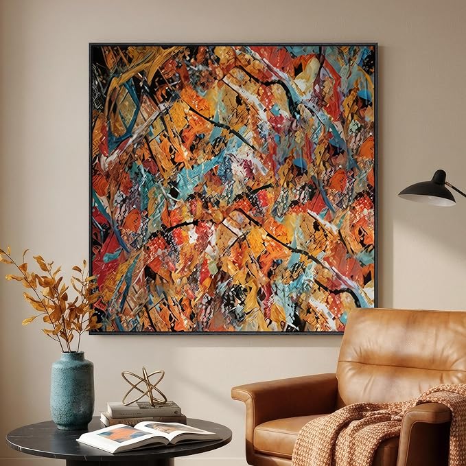 Large Framed Colorful Abstract Wall Art for Living Room, Oversized Square Modern Canvas Prints Paintings for Walls, Contemporary Orange Blue Pictures for Dining Bedroom Hallway Wall Decor 40x40 In