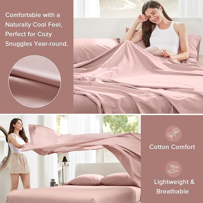 Comfort Spaces 100% Cotton Percale Sheets King Sheet Set 4 Pcs, Pink | Crisp, Cool & Breathable Bed Sheets, 14" Deep Pocket Fits Up to 16" Mattress, Lightweight, All Season Cozy, with Pillow Case
