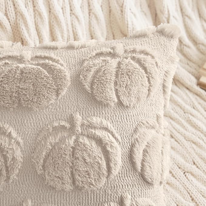 MIULEE Fall Pillow Covers Pumpkin Fall Decor Lumbar 12x20 Beige | Set of 2 Fall Decorations for Home, Plush Faux Fur Farmhouse Accent Pillowcases, Porch Sofa Couch Cushion Bed Livingroom