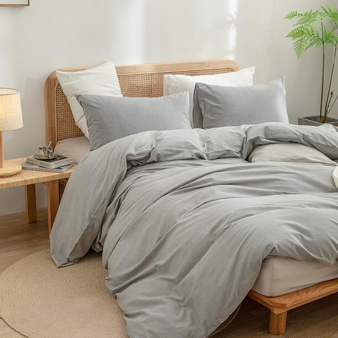 BESTOUCH Cotton Solid Duvet Cover Set Linen Feel Light Grey Full | 100% Washed Cotton, Soft Wrinkle Texture, Hidden Zipper, 8 Ties, Breathable Lightweight Durable Comfy, 3 Pcs No Insert