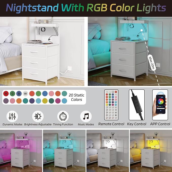 LED Night Stand with Charging Station Set of 2, 3 Fabric Drawer, White | Nightstand Bedside Table with USB Ports and Outlets, End Side Table Night Stand for Bedroom with Storage Shelf and Hooks