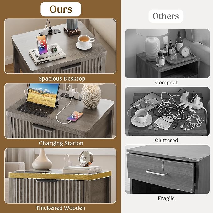 Night Stand Set 1, Fluted Wood Bedside Table w/Socket Station for Bedroom | Dark Grey, Storage Drawer, Open Shelf, Metal Silent Rails, Round Corners, Modern Fluted Panel, Living Room, Bedside Table