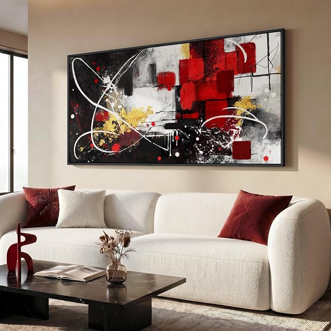 Extra Large Framed Black and White Abstract Wall Art for Living Room, 30x60 | Red gold geometric pictures, Canvas prints, Modern paintings, Artwork for walls, Wall decor for dining room bedroom hallway