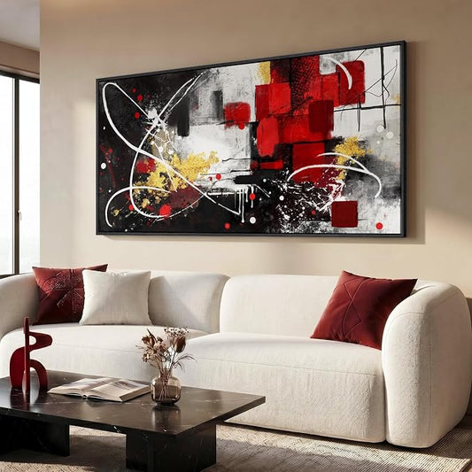 Extra Large Framed Black and White Abstract Wall Art for Living Room, 30x60 | Red gold geometric pictures, Canvas prints, Modern paintings, Artwork for walls, Wall decor for dining room bedroom hallway