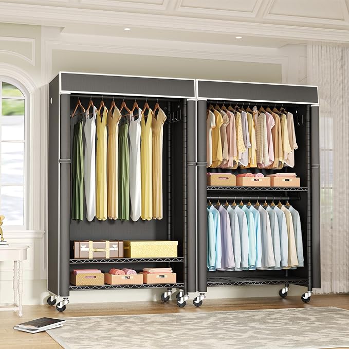FUTASSI Black Clothing Rack with Dark Gray Cover, P1C Rolling Closets | Metal Garment Rack for Hanging Clothes, Clothing Storage Wardrobe, with Wheels