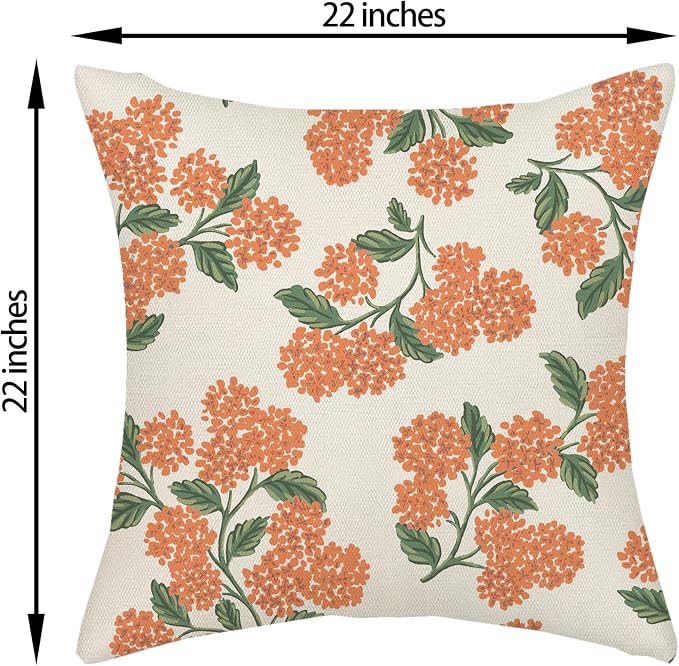 Fall Burnt Orange Pillow Covers 22x22 Inch 2 Pcs Green Hydrangea Flower Decor Throw Pillows Vintage Floral Seasonal Autumn Outdoor Decoration Pillowcase Linen Cushion Cover for Couch Sofa