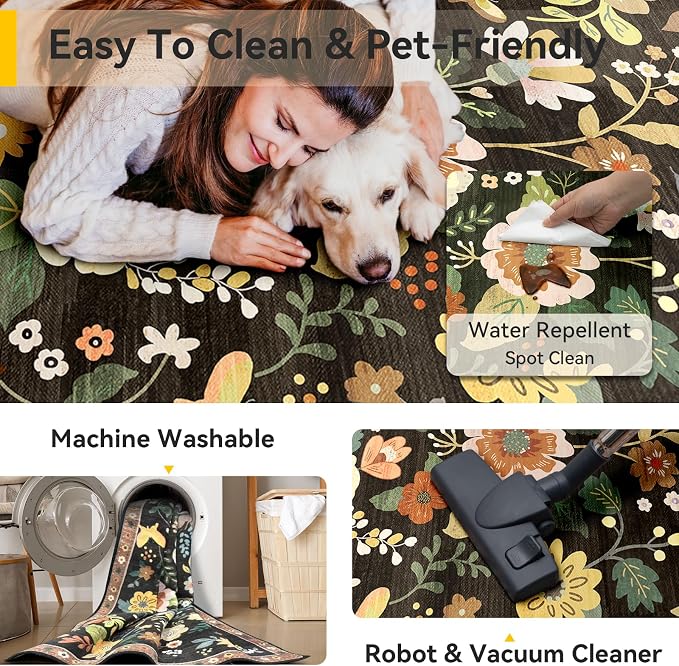 RELEANY Floral Washable 8x10 Area Rugs Black/Yellow | Flower Carpet, Print, Boho, Non-Slip, Easy to Clean, Soft, Low Pile for Living Room Bedroom Kitchen Office Entryway Hallway