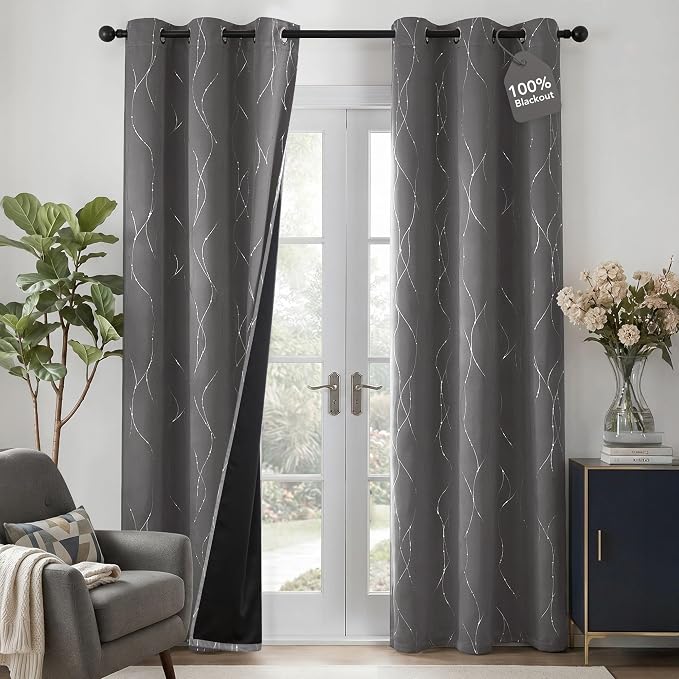 Deconovo 100% Blackout Living Room Curtains 63 Inches Long, Black Backing | Silver Line Foil Pattern Drapes, Thermal Insulated, Room Darkening, Grommet, 2 Panels Set, Light Grey, 42 x 63 Inch