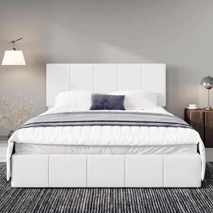 Allewie Full Size Dutch Velvet Upholstered Platform Bed Frame/Vertical Channel Tufted Adjustable Headboard/Low Profile Bed Frame/No Box Spring Needed/Easy Assembly/White