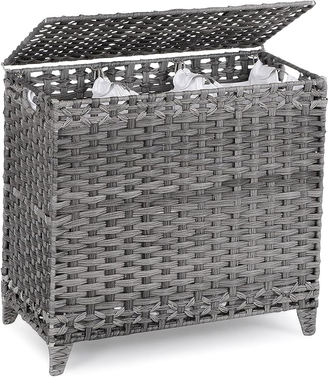Laundry Hamper with 3 Removable Liner Bags, 132L Laundry Sorter with Lid | Raised Feet; Side Carry Handles; Handwoven PP Rattan; Rust-Resistant Iron Frame; Decorative Woven Design