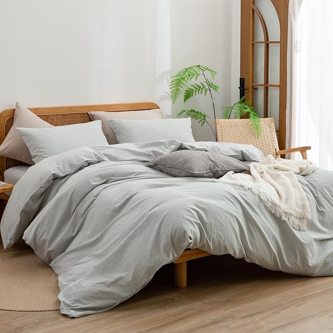 BESTOUCH Cotton Solid Duvet Cover Set Northern Droplet Grey Super King Plus | 100% Washed Cotton, Soft Wrinkle Texture, Hidden Zipper, 8 Ties, Breathable Lightweight Durable Comfy, 3 Pcs No Insert