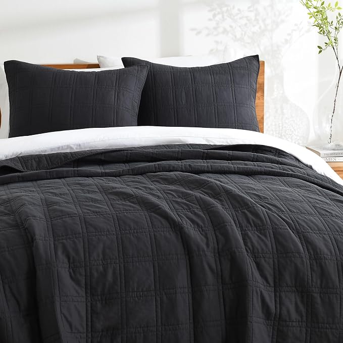 HORIMOTE HOME 100% Cotton Quilt Set Twin Size, Charcoal Pre-Washed Bedspreads Coverlet Set in Geometric Pattern, Cozy Lightweight Stitching Decorative Bedding Cover with 1 Sham for All Season