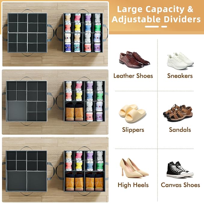 Large Reinforced Shoe Organizer for Closet with Adjustable Dividers, Gray | Customizable Compartments for Sneakers, Boots, Heels, Sandals, Clothes, Towels and Toys, Versatile Cube Storage Organizer