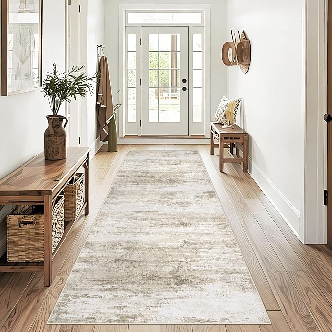 Washable 2x6 Runner Rug for Hallway: Kitchen Runner Non Slip Neutral Soft Abstract Modern Low Pile Stain Resistant Carpet Runner for Bedroom Beside Entryway Bathroom Laundry Indoor (Beige, 2'x6')