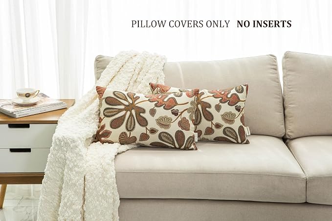 Mika Home Set of 2 Jacquard Tropical Leaf Pattern Oblong Throw Pillow Covers Accent Pillowcase 12X20 Inches,Coral Cream