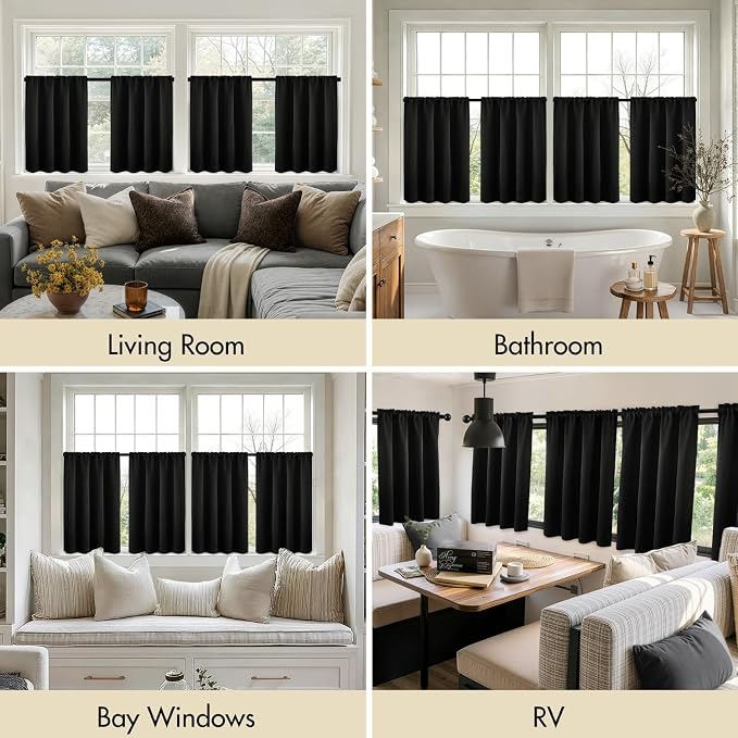 MIULEE 4-Panel 36 Inch Blackout Kitchen Tier Curtains Over Sink Black | Privacy Protection, Heat/Light Blocking, Cafe Curtains, Top&Bottom Rod Pocket, Suitable for Small Windows, Soft&Durable