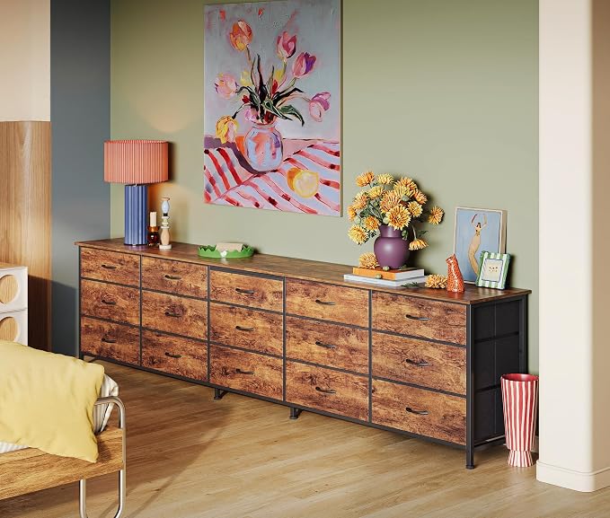 Huuger 86.6 Inch Long Dresser for Bedroom, TV Stand for 65, 75, 85 Inch TV | 15 Large Fabric Drawer Dresser, Entertainment Center for Bedroom, Wide Chest of Drawer with Storage