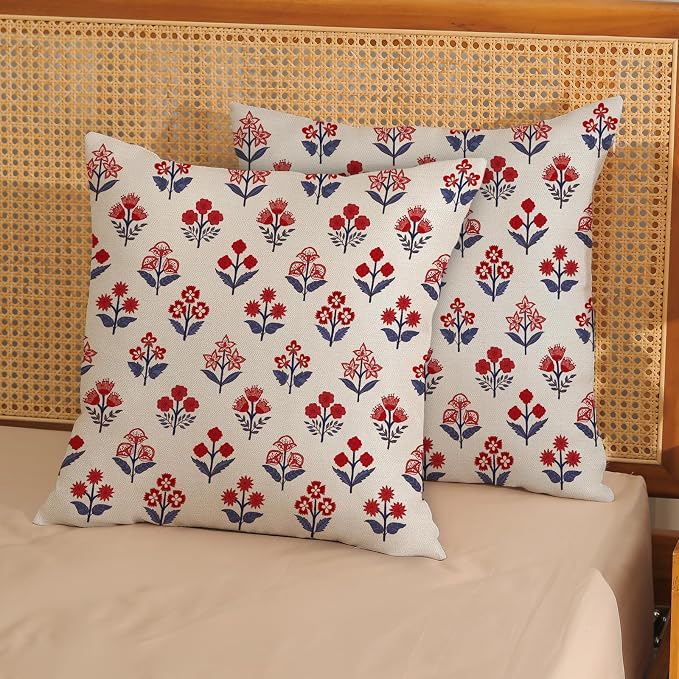 4th of July Pillow Covers 22x22 Inch 2 Pcs Red Blue Block Print Vintage Floral Patriotic Outdoor Decor Throw Pillows Memorial Day Holiday Decoration Pillowcase Linen Cushion Cover for Couch