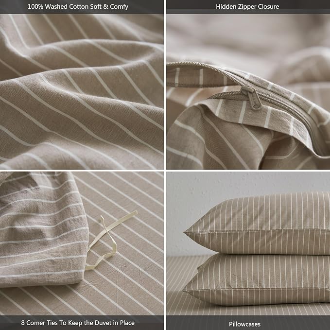 MooMee Striped Duvet Cover Set 100% Washed Cotton Linen Like | Relaxed Linen-like Texture. Soft, Breathable & Long-lasting Comfort. Lightweight. Hidden Zipper with 8 Interior Corner Ties