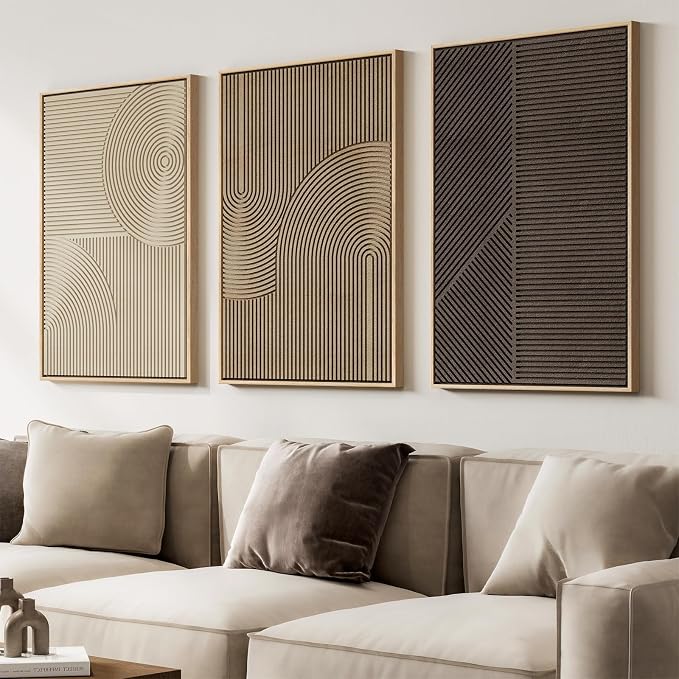 Large 3D Framed Neutral Abstract Wall Art for Living Room, 3 Piece 24x36 In | Solid Wood Frame, Textured Paintings, Beige Brown Tan Geometric Sculptural, Pictures Wall Decor Living room Bedroom Office