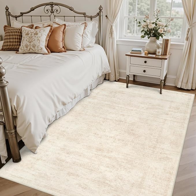 6x9 Area Rugs Living Room: Bedroom Washable Carpet Retro Beige | Large Vintage Boho Indoor Decor Neutral Soft Nursery Farmhouse Dining Room Office Floor Non-Slip Low Pile Under Table Rug