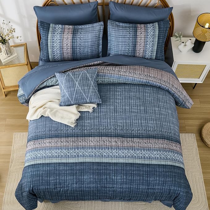 Dintszyayue Blue Comforter Set Cal King Size, 8 Pieces Boho Striped Bed in a Bag Soft Microfiber Bedding Set for All Season