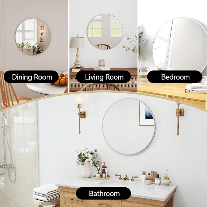 SCWF-GZ 24" Round Mirror Circle Wall Mounted Hanging/Against Wall Silver | HD Crystal Clear No distortion Tempered Glass,Aluminum Frame,Make-Up Mirrors for Bedroom,Entryway,Bathroom,Living Room