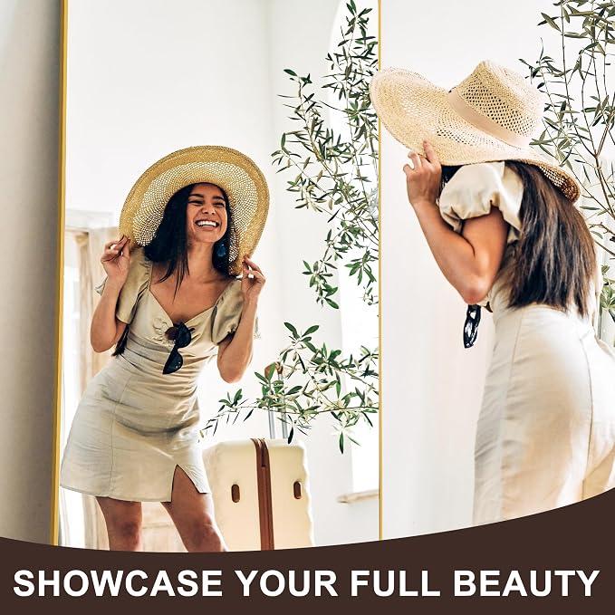 Full Length Mirror with Stand, 75x35 Gold Floor Mirror | Aluminium alloy frame with HD float glass for distortion-free reflection. Free standing or wall mounted.
