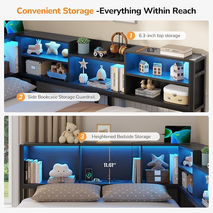 DICTAC Corner Queen Bed Frame with Storage Bookcase and 2 Drawers,Queen Size Platform Corner Bed Frame with LED Lights & Charging Station,Metal Daybed for Teens/Adult with Storage,Saving Space,Black