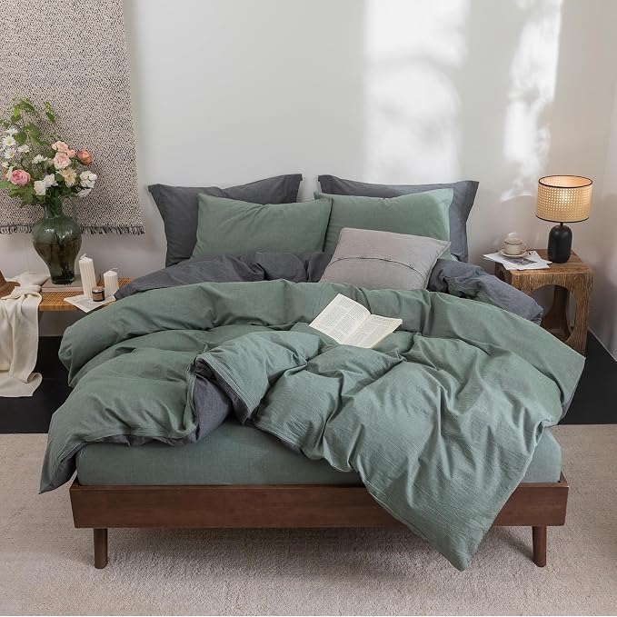 BDEAR 3Pcs Duvet Cover Set King Size 104" Wx90 L,Heathered Green and Grey | 100% Washed Cotton, 1 Duvet Cover with 2 Pillowcases, Zipper Closure, OEKO TEX Standard,8 Corner Ties,Linen-Liked Texture
