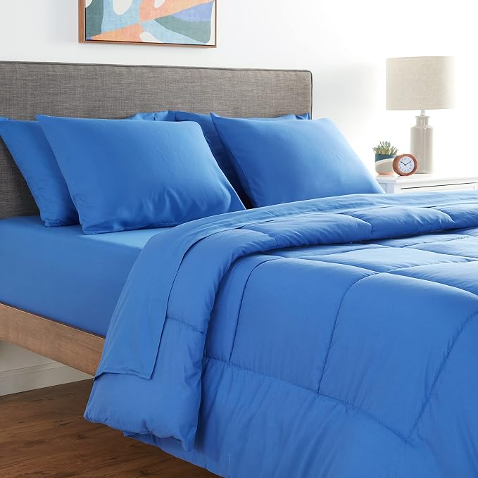 Sweet Home Collection 7 Piece Comforter Set Bag Solid Color All Season Soft Down Alternative Blanket & Luxurious Microfiber Bed Sheets, Royal Blue, Full