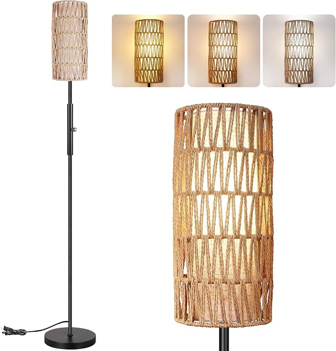 PARTPHONER Boho Floor Lamp for Living Room with 3 Color Temperatures LED Bulb, Standing Lamp Tall Lamp Reading for Bedroom, Office, Kids Room (9W LED Bulb, Rattan & Fabric Shades Included)