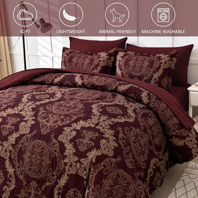 WONGS BEDDING Burgundy Comforter Set Full Size, Maroon Damask Texture 7 Pieces Bed in a Bag Microfiber Comforter Bedding Sets -1 Comforter, 1 Flat Sheet, 1 Fitted Sheet, 2 Pillow Shams,2 Pillowcases