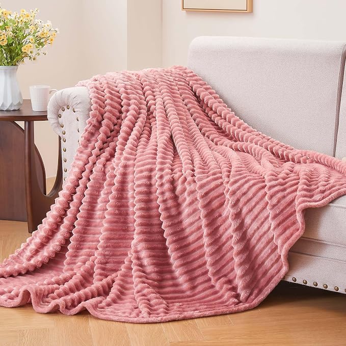 BEDELITE 3D Ribbed Jacquard Pink Fleece Twin Blanket for Couch, 60x80 Inch | Soft Warm Fluffy Blanket for Bed Sofa College Dorm Room Decor, Luxury Cozy Plush Birthday Gifts for Women Girls, Lightweight