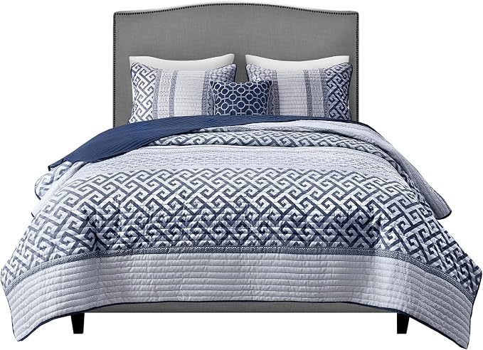 Madison Park Quilt Set Luxurious Jacquard Stripes Design - All Season, Coverlet Bedspread Lightweight Bedding Layer, Shams, Decorative Pillow, King/Cal King(104"x94"), Geometric Navy 4 Piece | All Season Bedding Set, Lightweight, Geometric, Machine Was...