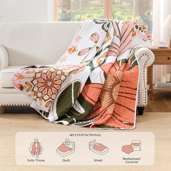 Andency Quilt Queen Size, Pink Floral Boho Summer Bedspread 3 Pieces | Blush Flower Botanical Summer Bedspreads with 2 Shams, Reversible Polyester Coverlet Set for All Seasons, 96"x90"