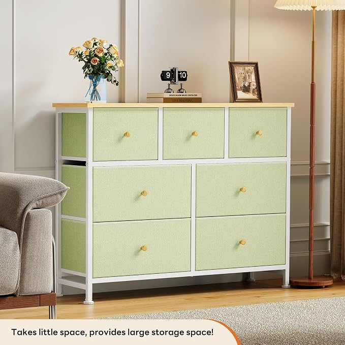 Sweetcrispy 7 Drawer Dresser for Bedroom Storage with Fabric Bins, Green | Anti-Tip Closet Organizer, Wooden Top and Sturdy Steel Frame, Spacious Drawers for Clothes Storage, Hallway Entryway