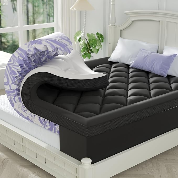 Dual Layer 4 Inch Memory Foam Mattress Topper Queen | 2 Inch Gel Memory Foam and 2 Inch Pillow Top Mattress Pad Cover, 7-Zone Egg Crate & 2-in-1 Design (Black-White)