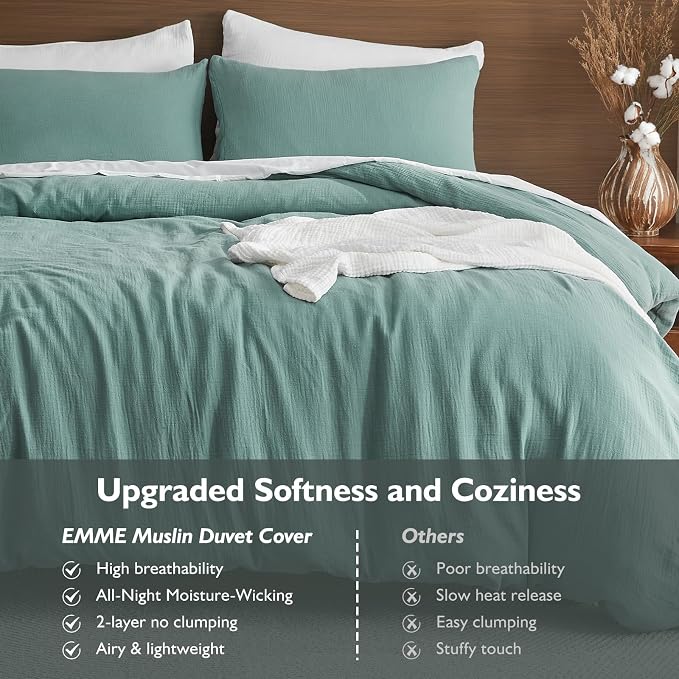 EMME Muslin Cotton Duvet Cover Set Teal King Size Linen Like Soft Breathable Lightweight Summer Comforter Cover Set with Zipper Closure (Teal, King, 104"x90")
