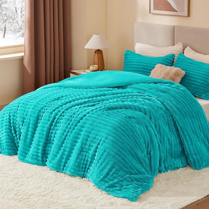 BEDELITE Fleece Queen Comforter Set, Fluffy Bed Set, Teal | Super Soft & Warm Bedding, Luxury Fuzzy Faux Fur Comforter for Winter, Heavy Plush Bedding, with 2 Pillowcases